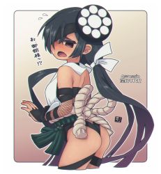 Rule 34 | 1girl, arm guards, ass, bare shoulders, black hair, breasts, brown eyes, commentary request, cropped legs, english text, fang, fate/grand order, fate (series), fishnet sleeves, fishnets, flying sweatdrops, from behind, hair over one eye, long hair, looking at viewer, looking back, mawaru (mawaru), mochizuki chiyome (fate), open mouth, small breasts, solo, translation request, very long hair
