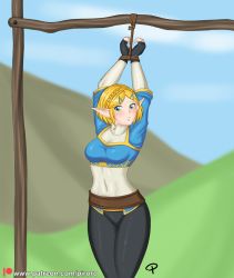 Rule 34 | 1girl, arms up, artist name, bdsm, black gloves, black pants, blonde hair, blue eyes, blue sky, blush, bondage, bound, braid, breasts, brown rope, cameltoe, cloud, covered navel, elbow gloves, eyeliner, female focus, fingerless gloves, gloves, grass, hair ornament, lips, makeup, medium breasts, mountain, nintendo, pants, pink lips, piroro, pointy ears, princess zelda, rope, shiny clothes, shiny skin, short hair, sky, solo, teeth, the legend of zelda, the legend of zelda: breath of the wild, the legend of zelda: tears of the kingdom, thick thighs, thighs, watermark, web address, white gloves