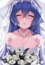 Rule 34 | 1girl, absurdly long hair, azur lane, blue hair, blush, bouquet, breasts, bridal veil, bride, cleavage, closed eyes, dress, elbow gloves, face-to-face, flower, formal, gloves, hair between eyes, hair ornament, hair ribbon, highres, holding, holding bouquet, imminent kiss, jewelry, kiss, lips, lisa (faeuna), long hair, looking at viewer, new jersey (azur lane), new jersey (snow-white ceremony) (azur lane), ribbon, rose, strapless, strapless dress, veil, very long hair, wedding, wedding dress, white dress, white flower, white gloves, white rose