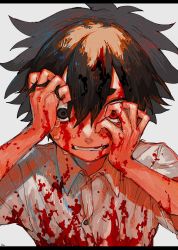 Rule 34 | 1boy, blood, blood in hair, blood on arm, blood on clothes, blood on face, blood on hands, blouse, brown eyes, brown hair, collared shirt, hair between eyes, hands on own face, heterochromia, highres, letterboxed, looking down, male focus, original, red eyes, shinagire (sinanohaka), shirt, short eyebrows, short sleeves, solo, sweat, upper body, white background, white shirt
