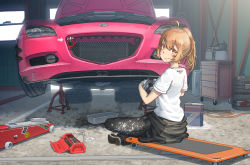 Rule 34 | 1girl, ahoge, bad id, bad pixiv id, box, brown hair, car, character request, copyright request, foglight, fxx, garage, gloves, hanaka kotone (virtual youtuber), headlight, highres, hose, indie virtual youtuber, indoors, jack stand, jerry can, looking back, mazda, mazda rx-8, motor vehicle, oil, orange eyes, shirt, short sleeves, socket wrench, toolbox, vehicle focus, virtual youtuber, white shirt, window, yellow eyes
