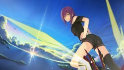 Rule 34 | 10s, 1girl, akinashi yuu, ao no kanata no four rhythm, ass, asymmetrical legwear, belt, black shorts, black thighhighs, breasts, cloud, earrings, flying, flying sweatdrops, from below, game cg, hand in pocket, jewelry, kagami aoi, large breasts, legs, long hair, looking at viewer, looking back, midriff, ocean, outdoors, purple hair, short hair, short shorts, shorts, sky, smile, solo, sprite (company), sun, sunlight, suzumori, thighhighs, thighs, uneven legwear, water, yellow eyes