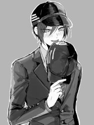 Rule 34 | 1boy, :d, black jacket, blush, commentary request, danganronpa (series), danganronpa v3: killing harmony, diagonal-striped clothes, diagonal-striped necktie, diagonal-striped neckwear, greyscale, hair between eyes, hand up, hat, highres, holding, jacket, long sleeves, looking at viewer, male focus, monochrome, necktie, official alternate costume, open mouth, rikka (kusokaosu031), saihara shuichi, shirt, short hair, simple background, sketch, smile, solo, striped clothes, striped necktie, striped neckwear, teeth, uniform, upper body, upper teeth only
