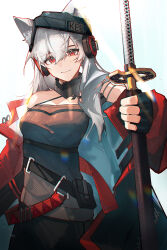 Rule 34 | 1girl, absurdres, animal ears, arknights, beanie, black gloves, black skirt, breasts, devil may cry (series), devil may cry 5, ears through headwear, foreshortening, fox ears, fox girl, frostleaf (arknights), gloves, grey hair, grey shirt, hair between eyes, hat, headphones, highres, holding, holding sword, holding weapon, huajiaohaibao, implied extra ears, jacket, katana, long hair, looking at viewer, material growth, medium breasts, off-shoulder shirt, off shoulder, open clothes, open jacket, oripathy lesion (arknights), parody, red eyes, red jacket, revision, scabbard, sheath, shirt, skirt, smile, solo, sword, weapon, yamato (sword)