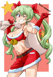 Rule 34 | 1girl, anchovy (girls und panzer), anzio (emblem), aono3, belt, bikini, bikini top only, black belt, bow, breasts, carrying over shoulder, cleavage, commentary, cowboy shot, drill hair, emblem, fur-trimmed bikini top, fur-trimmed gloves, fur-trimmed skirt, fur trim, girls und panzer, gloves, green hair, grin, hair ribbon, highres, holding, holding sack, italian text, long hair, looking at viewer, medium breasts, miniskirt, navel, outside border, pointing, pointing up, red background, red bikini, red eyes, red gloves, red ribbon, red skirt, ribbon, sack, santa costume, skirt, smile, solo, standing, star (symbol), swimsuit, translation request, twin drills, twintails, yellow bow