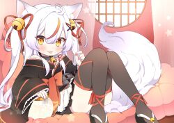Rule 34 | 1girl, :p, animal ears, bell, black kimono, black thighhighs, collar, fox ears, fox girl, fox tail, frilled sleeves, frills, hair bell, hair ornament, highres, indie virtual youtuber, japanese clothes, jingle bell, kamiko kana, kimono, kimono skirt, long hair, long sleeves, looking at viewer, multicolored hair, neck bell, orange hair, pillow, pleated skirt, second-party source, sitting, skirt, streaked hair, tail, thighhighs, tongue, tongue out, two-tone hair, two side up, virtual youtuber, white hair, wide sleeves, yellow eyes, yukijiro