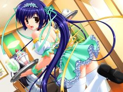 Rule 34 | 1girl, blue hair, brown eyes, chokotto vampire!, cup, dutch angle, food, frills, fruit, game cg, hair ribbon, happy, long hair, mary janes, non-web source, off shoulder, open mouth, parfait, pocky, ponytail, ribbon, shoes, solo, strawberry, teacup, teapot, thighhighs, tokugawain misao, tray, very long hair, waitress, yuyi