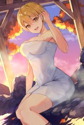 Rule 34 | 1girl, :d, absurdres, autumn, autumn leaves, backlighting, bad id, bad pixiv id, blonde hair, blush, breasts, brown eyes, cloud, covered navel, dripping, dutch angle, evening, gradient sky, hair between eyes, tucking hair, hand up, head tilt, highres, huge filesize, impossible towel, large breasts, leaf, looking at viewer, naked towel, onsen, open mouth, original, outdoors, purple sky, rock, see-through, short hair, sitting, sky, smile, soaking feet, solo, steam, sunlight, suusuke, towel, water, wet, wet towel