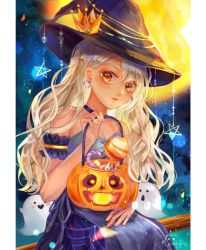 Rule 34 | 1girl, bare shoulders, black hat, candy, candy cane, crown, earrings, food, ghost, halloween, hat, highres, jack-o&#039;-lantern, jewelry, long hair, looking at viewer, orange eyes, original, signature, solo, star (symbol), upper body, white hair, witch hat, xmingho