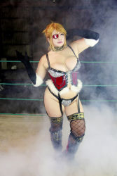 Rule 34 | 1girl, arena, blonde hair, boxing ring, breasts, chouzuki maryou, cleavage, cosplay, eyepatch, fingerless gloves, gloves, highres, large breasts, mistress spencer, mistress spencer (cosplay), photo (medium), rumble roses, rumble roses xx, solo