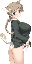Rule 34 | 1girl, animal ears, ass, black jacket, blazer, blue eyes, blush, braid, breasts, brown hair, cat ears, cat girl, cat tail, from side, green necktie, hatakenaka (kamagabuchi), highres, jacket, large breasts, long hair, looking at viewer, looking back, lynette bishop, necktie, no pants, panties, ponytail, shirt, smile, solo, strike witches, tail, thighs, underwear, wedgie, white panties, white shirt, world witches series