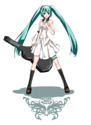 Rule 34 | blue eyes, blue hair, detached sleeves, guitar case, hatsune miku, highres, instrument case, long hair, navel, skirt, socks, solo, sunway, twintails, vocaloid