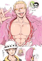 Rule 34 | 1girl, 3boys, ?, abs, black hair, blonde hair, cat boy, chibi, coat, collarbone, denim, donquixote doflamingo, earrings, facial hair, feather coat, goatee, green hair, hand on another&#039;s back, hat, heart, height difference, holding, holding sword, holding weapon, hood, hoodie, jeans, jewelry, katana, looking at another, monet (one piece), multiple boys, muscular, muscular male, nashieda, one piece, open clothes, open mouth, pants, pectorals, pink coat, shirt, short hair, smile, speech bubble, sunglasses, sword, tattoo, thread, tinted eyewear, tongue, tongue out, trafalgar law, translation request, vergo, weapon, white-framed eyewear, white shirt, yellow eyes