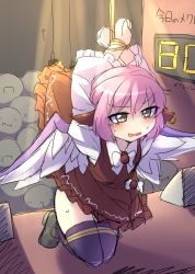 Rule 34 | 1girl, alternate eye color, animal ears, arms up, bdsm, bird wings, black thighhighs, blush, bondage, bound, bow, clothes lift, colorized, dress, dress lift, earrings, full body, fun bo, jewelry, kneeling, long sleeves, looking away, mystia lorelei, no headwear, open mouth, pink hair, shoes, short hair, single earring, sketch, solo focus, sweat, thighhighs, touhou, wavy mouth, wide sleeves, wings, yellow eyes