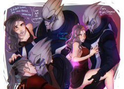 Rule 34 | 1boy, 1girl, alien, armor, beavlex, black gloves, black sclera, blue eyes, breasts, brown hair, colored sclera, commander shepard, commander shepard (female), dated commentary, dress, english text, fingerless gloves, garrus vakarian, gloves, grey lips, hair behind ear, hetero, highres, holding another&#039;s thighs, interspecies, mass effect (series), mass effect 3, medium breasts, parted lips, ponytail, power armor, red dress, scar, scar on arm, scar on leg, short dress, turian