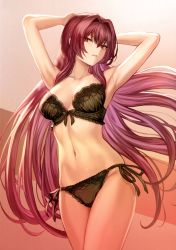 Rule 34 | 1girl, absurdres, arms up, bare shoulders, black bra, black panties, bra, breasts, cleavage, collarbone, cowboy shot, fate/grand order, fate (series), gradient background, groin, hair intakes, highres, large breasts, lingerie, long hair, looking at viewer, mashuu (neko no oyashiro), navel, panties, parted lips, purple hair, red eyes, ribbon-trimmed bra, scan, scathach (fate), side-tie panties, sidelocks, signature, skindentation, solo, stomach, thighs, third-party source, tsurime, twitter username, underwear, underwear only