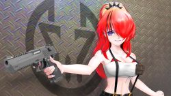 Rule 34 | 1girl, bare arms, bare shoulders, black hair, breasts, cleavage, collarbone, commentary request, grin, gun, hair over one eye, handgun, highres, holding, holding gun, holding weapon, lain paterson, lain paterson (1st costume), large breasts, long hair, looking at viewer, midriff, multicolored hair, navel, nijisanji, parted lips, pistol, ponytail, pouch, purple eyes, red hair, sangou (number3), smile, solo, stomach, streaked hair, suspenders, upper body, virtual youtuber, weapon