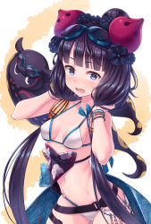 Rule 34 | 1girl, animal, bangle, bare shoulders, bikini, blue eyes, blunt bangs, blush, bracelet, breasts, commentary request, fate/grand order, fate (series), floral print, goggles, goggles on head, hair ornament, hands up, highres, jewelry, katsushika hokusai (fate), katsushika hokusai (swimsuit saber) (fate), long hair, looking at viewer, low twintails, navel, octopus, open mouth, purple hair, small breasts, sweat, swimsuit, tokitarou (fate), tomo (tmtm mf mf), twintails, v-shaped eyebrows, very long hair, wavy mouth, white background, white bikini