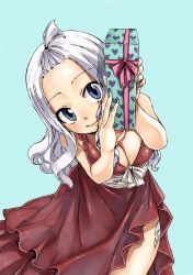 Rule 34 | 1girl, blue eyes, breasts, cleavage, dress, fairy tail, large breasts, long hair, mashima hiro, mirajane strauss, official art, silver hair, solo, valentine