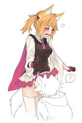 Rule 34 | 1boy, 1girl, ?, accidental pervert, animal ears, arknights, bison (arknights), black gloves, black vest, blonde hair, blush, breasts, buchi k018, cape, clenched hands, collared shirt, commentary, cow boy, cow ears, cow horns, cowboy shot, cropped legs, face in crotch, furrowed brow, gloves, hair ribbon, highres, horns, looking down, medium breasts, medium hair, microskirt, necktie, one eye closed, open mouth, partially colored, pink cape, pink necktie, pink skirt, pleated skirt, red eyes, red ribbon, ribbon, shirt, short hair, short necktie, simple background, skirt, solo focus, sora (arknights), spoken question mark, standing, surprised, sweatdrop, tail, thighhighs, thighs, twintails, vest, white background, white shirt, white thighhighs, wing collar