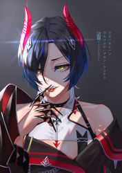 Rule 34 | 1girl, absurdres, azur lane, bare shoulders, black background, black hair, black jacket, claw ring, crop top, cross, demon horns, fangs, finger to mouth, highres, horns, iron cross, jacket, kashenori, looking at viewer, open mouth, short hair, solo, tongue, tongue out, ulrich von hutten (azur lane), upper body, yellow eyes
