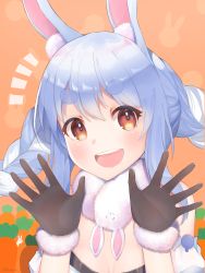 Rule 34 | 1girl, :d, animal ear fluff, animal ears, black gloves, blue hair, braid, breasts, detached sleeves, don-chan (usada pekora), fur-trimmed gloves, fur scarf, fur trim, gloves, highres, hikimayu, hololive, ketyara-san, long hair, looking at viewer, multicolored hair, notice lines, open mouth, orange eyes, outstretched hand, puffy short sleeves, puffy sleeves, rabbit-shaped pupils, rabbit ears, scarf, short eyebrows, short sleeves, small breasts, smile, solo, swept bangs, symbol-shaped pupils, teeth, thick eyebrows, twin braids, twintails, two-tone hair, upper body, upper teeth only, usada pekora, usada pekora (1st costume), virtual youtuber, white hair, white scarf, white sleeves