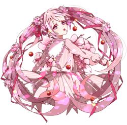 Rule 34 | 1girl, cherry, cherry blossoms, dress, flower, food, fruit, hair flower, hair ornament, hatsune miku, long hair, looking back, mam233, mouth hold, sakura miku, simple background, solo, twintails, very long hair, vocaloid, white background
