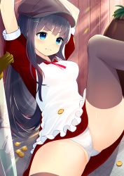 Rule 34 | 1girl, apron, arms up, ass, black hair, black hat, black thighhighs, blue eyes, blush, breasts, cabbie hat, closed mouth, commentary request, crotch seam, dress, frown, hair ornament, hairclip, hat, highres, leg up, long hair, maid apron, medium breasts, midori555, original, panties, plant, potted plant, puffy short sleeves, puffy sleeves, red dress, reflection, short sleeves, sidelocks, solo, sunlight, thighhighs, thighs, underwear, v-shaped eyebrows, white panties, wing collar