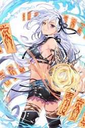 Rule 34 | 1girl, ass, bare back, belt, black thighhighs, cowboy shot, cross-laced clothes, empew, fire, from behind, hair ornament, hair ribbon, heterochromia, leather shorts, long hair, looking at viewer, looking back, ofuda, original, parted lips, ribbon, smile, soccer spirits, solo, standing, thighhighs, torn clothes, torn thighhighs, twisted torso, white hair