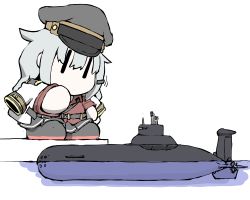 Rule 34 | 1girl, black footwear, black hat, black skirt, boots, chibi, commentary, dock, full body, gangut (kancolle), gangut dva (kancolle), grey hair, hair ornament, hairclip, hat, jacket, jacket on shoulders, kantai collection, long hair, no mouth, ocean, peaked cap, pleated skirt, red shirt, shirt, short sleeves, simple background, skirt, solo, submarine, task (s task80), typhoon class submarine, watercraft, white background, white jacket, | |