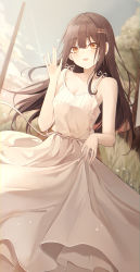 Rule 34 | 1girl, absurdres, bare shoulders, blurry, breasts, brown hair, cleavage, cloud, cloudy sky, depth of field, dress, dutch angle, fu u03, grass, hair ornament, hairclip, highres, holding, holding clothes, holding dress, light blush, long dress, long hair, looking at viewer, orange eyes, original, outdoors, pastel colors, sky, sleeveless, sleeveless dress, smile, solo, sundress, tree, waving, white dress