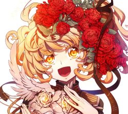 Rule 34 | 10s, 1girl, :d, blonde hair, flower, hair flower, hair ornament, hand on own chest, looking at viewer, official art, open mouth, rose, simple background, smile, solo, tanya degurechaff, toujou chika, upper body, white background, yellow eyes, youjo senki