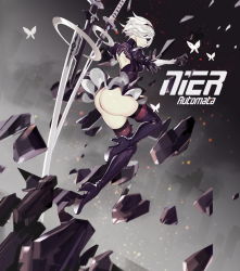 Rule 34 | 1girl, ass, back cutout, black dress, black footwear, black thighhighs, blindfold, boots, bug, butterfly, clothing cutout, copyright name, debris, dress, full body, gloves, hairband, high heel boots, high heels, insect, juliet sleeves, jumping, kiwamu, leotard, long sleeves, nier (series), nier:automata, puffy sleeves, shiny skin, short hair, silver hair, solo, sword, thigh boots, thighhighs, thong, thong leotard, trendgold, weapon, white leotard, 2b (nier:automata)