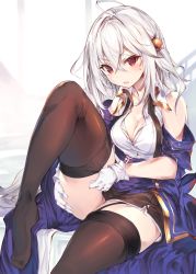 Rule 34 | 1girl, absurdres, ahoge, bare shoulders, black thighhighs, breasts, cleavage, commentary request, fal maro, garter straps, gloves, hair ornament, highres, knee up, large breasts, long hair, looking at viewer, miniskirt, ninym ralei, official art, red eyes, shirt, sitting, skirt, sleeveless, sleeveless shirt, solo, sweatdrop, tensai ouji no akaji kokka saiseijutsu, thighhighs, white gloves, white hair, white shirt, zettai ryouiki