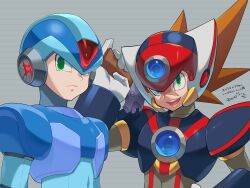 Rule 34 | 2boys, android, armor, axl (mega man), black armor, blue armor, blue helmet, brown hair, chest jewel, commentary request, cross scar, forehead jewel, green eyes, grey background, gun, helmet, highres, holding, holding gun, holding weapon, looking at viewer, male focus, medium hair, mega man (series), mega man x (series), multiple boys, o deko, open mouth, over shoulder, red helmet, scar, scar on face, shoulder armor, spiked hair, translation request, upper body, weapon, weapon over shoulder