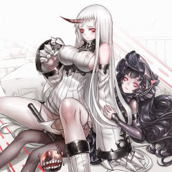 Rule 34 | 10s, 2girls, abyssal ship, arm support, bad id, bad pixiv id, black hair, black legwear, blush, breasts, claws, detached sleeves, dress, covered erect nipples, gothic lolita, horns, huge breasts, infukun, isolated island oni, kantai collection, lolita fashion, long hair, multiple girls, pale skin, panties, pantyhose, red eyes, ribbed dress, ribbed sweater, seaport princess, sexually suggestive, short dress, side-tie panties, sideboob, single horn, sitting, sitting on person, sweater, sweater dress, underwear, very long hair, white panties