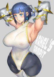 Rule 34 | 1girl, armpits, arms behind head, asaki takayuki, blue hair, braid, breasts, commentary request, covered erect nipples, earrings, gauntlets, green eyes, jewelry, large breasts, leotard, original, pantyhose, see-through, short hair, skin tight, skindentation, solo, standing