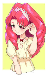 Rule 34 | 1girl, akagi towa, blush, curly hair, dress, go! princess precure, hair ornament, hairband, jewelry, long hair, looking at viewer, moudoku (decopon3rd), necklace, no legs, pointy ears, precure, puffy sleeves, red eyes, red hair, shirt, simple background, solo, yellow background