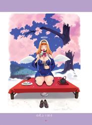Rule 34 | 1girl, blonde hair, blue dress, blush, book, breasts, cat, cherry, cherry blossoms, cleavage, closed eyes, clothing cutout, covered erect nipples, cup, curvy, day, dress, eating, food, fruit, full body, hairband, halo, highres, holding, holding cup, large breasts, loafers, long hair, long sleeves, on table, open mouth, original, outdoors, page number, petals, photoshop (medium), ryoji (nomura ryouji), seiza, shoes, unworn shoes, short dress, shoulder cutout, sitting, solo, table, teapot, white wings, wings