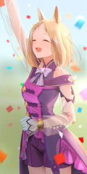 Rule 34 | 1girl, animal ears, arm up, bare shoulders, blonde hair, bow, bowtie, closed eyes, commentary, confetti, crying, dress, english commentary, highres, horse ears, horse girl, katuko deluxe, narita top road (umamusume), off-shoulder dress, off shoulder, open mouth, purple bow, purple bowtie, purple dress, purple shorts, short hair, shorts, smile, solo, umamusume
