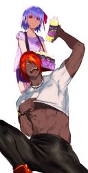 Rule 34 | 1boy, 1girl, abs, ashwatthama (fate), clothes lift, commentary request, dark-skinned male, dark skin, earrings, fate/grand order, fate (series), hair ribbon, highres, holding, jewelry, kama (fate), long hair, muscular, muscular male, open mouth, red hair, ribbon, semi finalfight, shirt lift, silver hair, yellow eyes