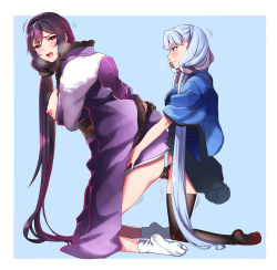 Rule 34 | 2girls, :d, age difference, alternate costume, arms behind back, assertive female, black gloves, black legwear, blue background, blue kimono, blush, breasts, breasts out, clothed sex, clothes lift, dildo, eye contact, female admiral (kancolle), female focus, femdom, floral print, from side, full body, gloves, hakama lift, happy sex, heavy breathing, hiememiko, highres, japanese clothes, kantai collection, kimono, kimono lift, kneeling, large breasts, lips, long hair, looking at another, looking at viewer, looking back, low twintails, matching hair/eyes, multiple girls, murakumo (kancolle), nipples, object insertion, open mouth, orange eyes, outside border, profile, purple eyes, purple hair, purple kimono, pussy juice, sex, sex toy, silver hair, simple background, skindentation, small breasts, smile, strap-on, tabi, thighhighs, thighs, tsurime, twintails, vaginal, vaginal object insertion, very long hair, white legwear, wide sleeves, yuri