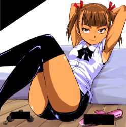 Rule 34 | 1girl, anal beads, armpits, arms up, bad id, bad twitter id, bed, black legwear, black neckwear, breasts, brown eyes, censored, closed mouth, commentary request, crossed legs, dildo, hair ribbon, kamisimo 90, legs, looking at viewer, medium breasts, on floor, original, presenting, red ribbon, ribbon, sex toy, shirt, short hair, shorts, sitting, sleeveless, sleeveless shirt, solo, tan, twintails, twintails girl (kamisimo 90), vibrator, white shirt, wooden floor