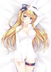 Rule 34 | 1girl, aqua eyes, arm up, bed sheet, blonde hair, bow, breasts, chestnut mouth, cleavage, collarbone, collared shirt, commentary request, dress shirt, emori el, gluteal fold, gomano rio, hair bow, heart, highres, large breasts, liver city, long hair, long sleeves, looking at viewer, lying, no pants, on back, panties, parted lips, shirt, sidelocks, solo, thigh strap, underwear, white panties, white shirt