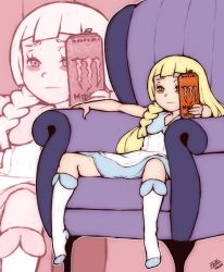 Rule 34 | 1girl, bags under eyes, blonde hair, braid, can, closed mouth, couch, creatures (company), dress, energy drink, game freak, green eyes, highres, holding, holding can, lillie (pokemon), long hair, meme, monster energy, multiple views, nintendo, on couch, pokemon, pokemon sm, randomboobguy, redlettermedia, rich evans, signature, sitting, socks, spread legs, zoom layer