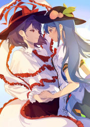 Rule 34 | 2girls, ascot, back bow, black headwear, black skirt, blue bow, blue hair, bow, bowtie, breasts, capelet, center frills, closed mouth, cowboy shot, eye contact, eyebrows hidden by hair, food, frills, from side, fruit, hagoromo, hat, hat bow, hinanawi tenshi, light rays, light smile, long hair, looking at another, medium hair, multiple girls, nagae iku, outdoors, parted lips, peach, profile, puffy short sleeves, puffy sleeves, purple hair, red bow, red eyes, red neckwear, red skirt, ringo orihara, shawl, shirt, short sleeves, sidelocks, skirt, small breasts, swept bangs, touhou, very long hair, white capelet, white shirt, yuri