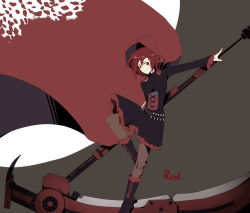 Rule 34 | 1girl, black background, boots, bullet, cape, cross, dress, full body, highres, hood, huge weapon, leg up, long sleeves, moon, outstretched arm, pantyhose, petals, red hair, rose petals, ruby rose, rwby, scythe, short hair, simple background, skirt, solo, standing, standing on one leg, weapon, woaidnfhehe