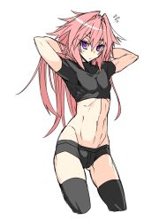 Rule 34 | 1boy, abs, arms behind head, astolfo (fate), commentary request, fate/apocrypha, fate (series), hair down, hair intakes, haoro, long hair, looking at viewer, male focus, multicolored hair, pink hair, purple eyes, simple background, sketch, solo, stomach, streaked hair, thighhighs, tight clothes, toned, trap, underwear, white background