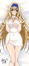 Rule 34 | 10s, 1girl, absurdres, bare shoulders, bed sheet, blonde hair, blue eyes, blush, body blush, breasts, cecilia alcott, cleavage, covered navel, dakimakura (medium), drill hair, hairband, highres, infinite stratos, large breasts, logo, long hair, lying, naked towel, official art, on back, shiny skin, smile, solo, towel, very long hair