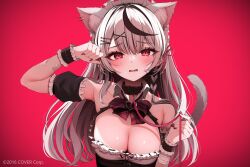 Rule 34 | 1girl, animal ear fluff, animal ears, arm cuffs, bandaged arm, bandages, bandaid, bandaid on arm, bandaid on face, bare shoulders, black collar, black hair, blush, bow, bowtie, breasts, cat ears, cat girl, cat tail, cleavage, collar, commentary request, company name, detached collar, ear piercing, extra ears, grey hair, hair ornament, hairclip, heart pendant, highres, holding, holding leash, hololive, large breasts, leash, long hair, looking at viewer, multicolored hair, namagome negi, official art, open mouth, paw pose, piercing, plaid, plaid bow, plaid bowtie, red background, red eyes, red nails, red ribbon, ribbon, sakamata chloe, sidelocks, solo, streaked hair, sweat, tail, tearing up, virtual youtuber, white collar, wrist cuffs, x hair ornament